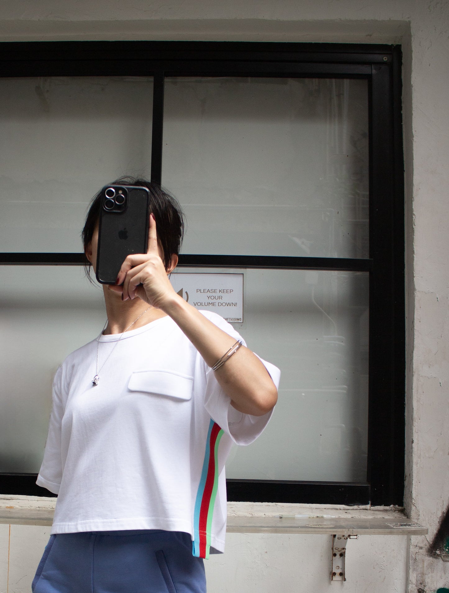 White Tee With Rainbow Side Stripe