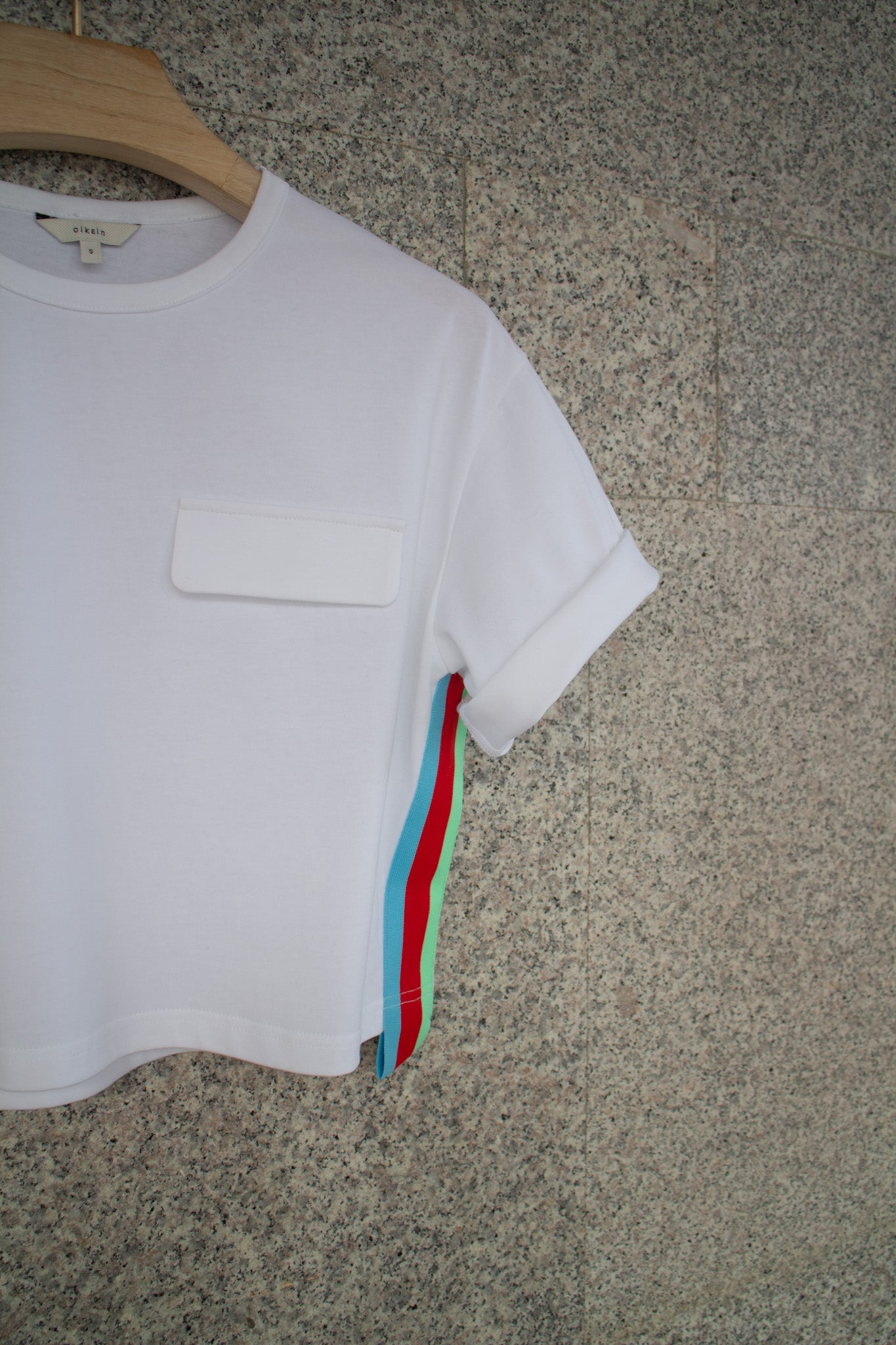 White Tee With Rainbow Side Stripe