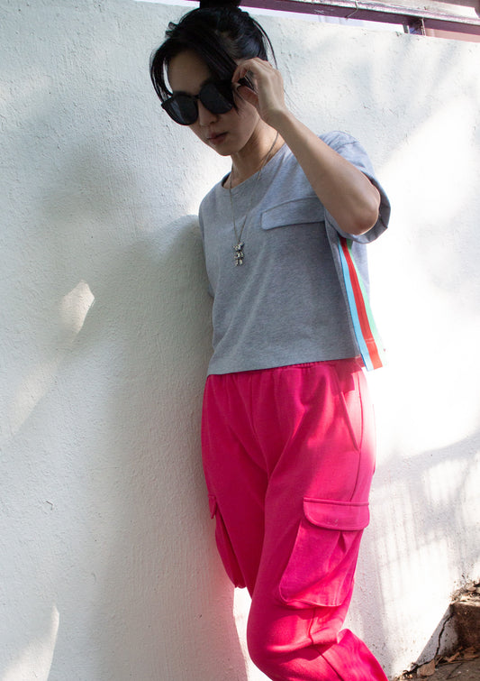 Grey Tee With Rainbow Side Stripe