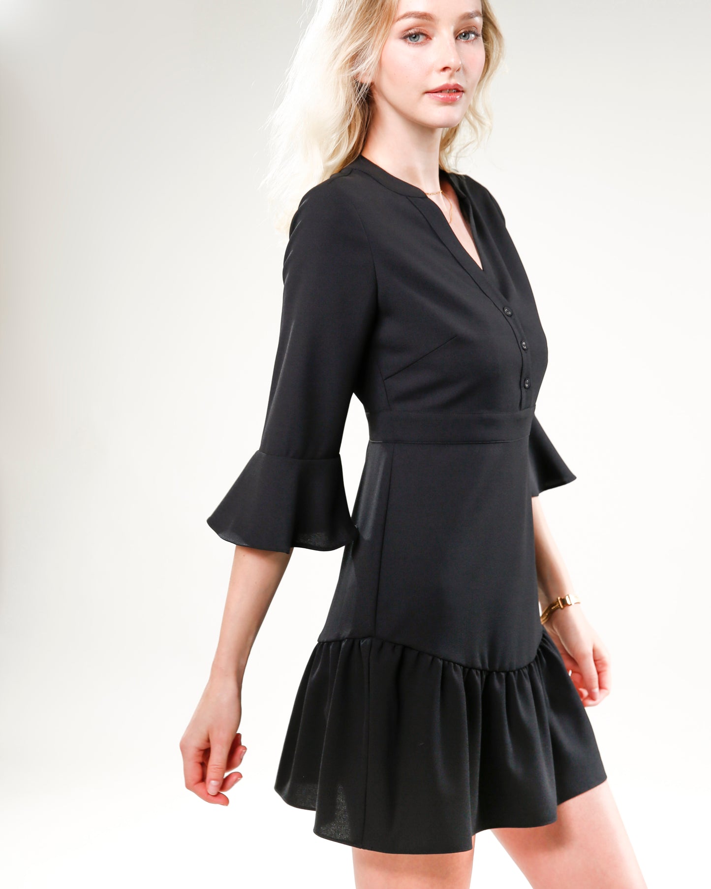 Black V-Neck Flounce Sleeve Dress