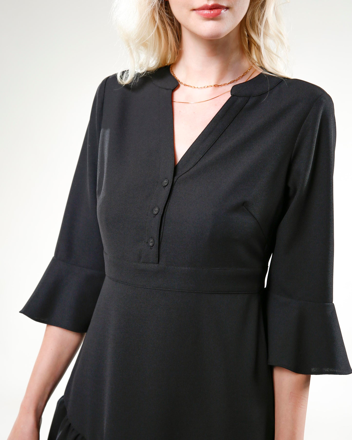 Black V-Neck Flounce Sleeve Dress