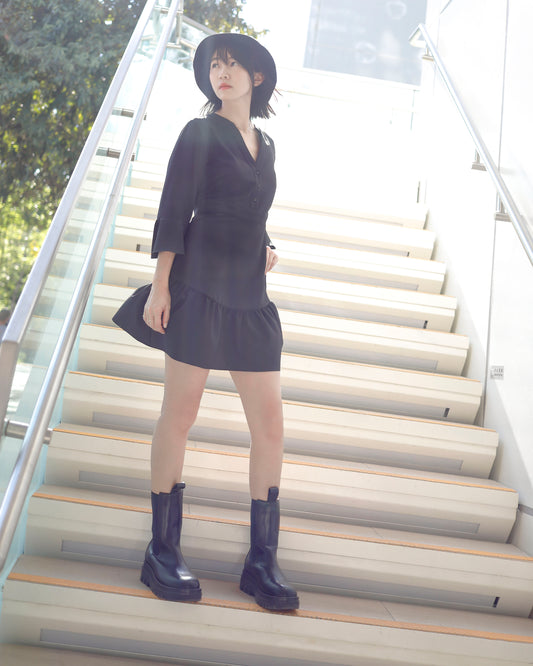 Black V-Neck Flounce Sleeve Dress