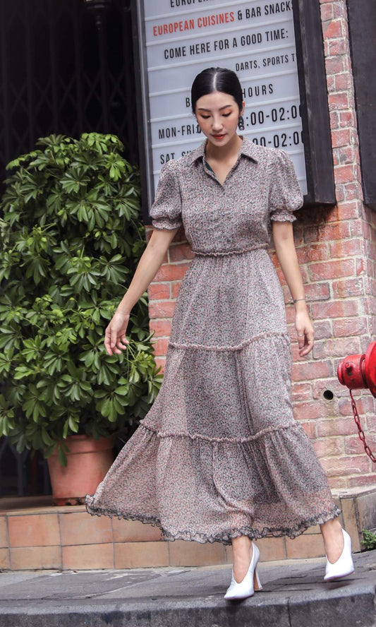 Tucked Pleat Floral Long Dress