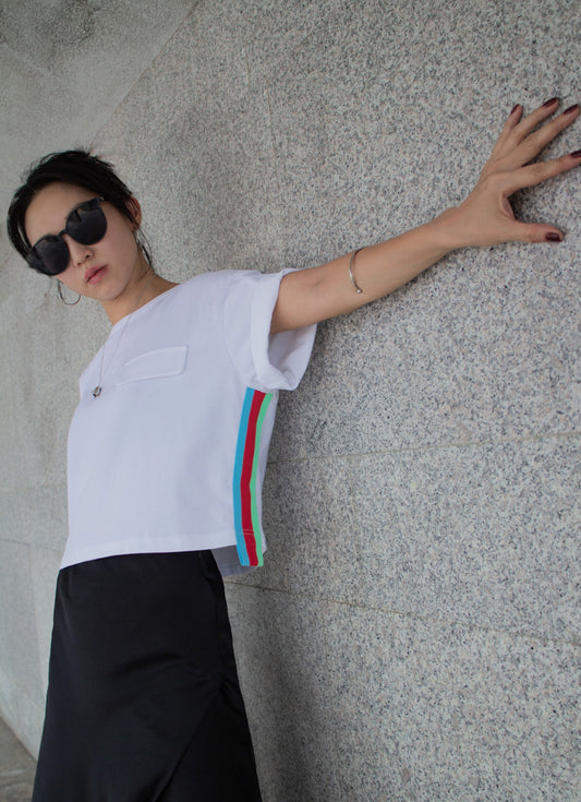 White Tee With Rainbow Side Stripe