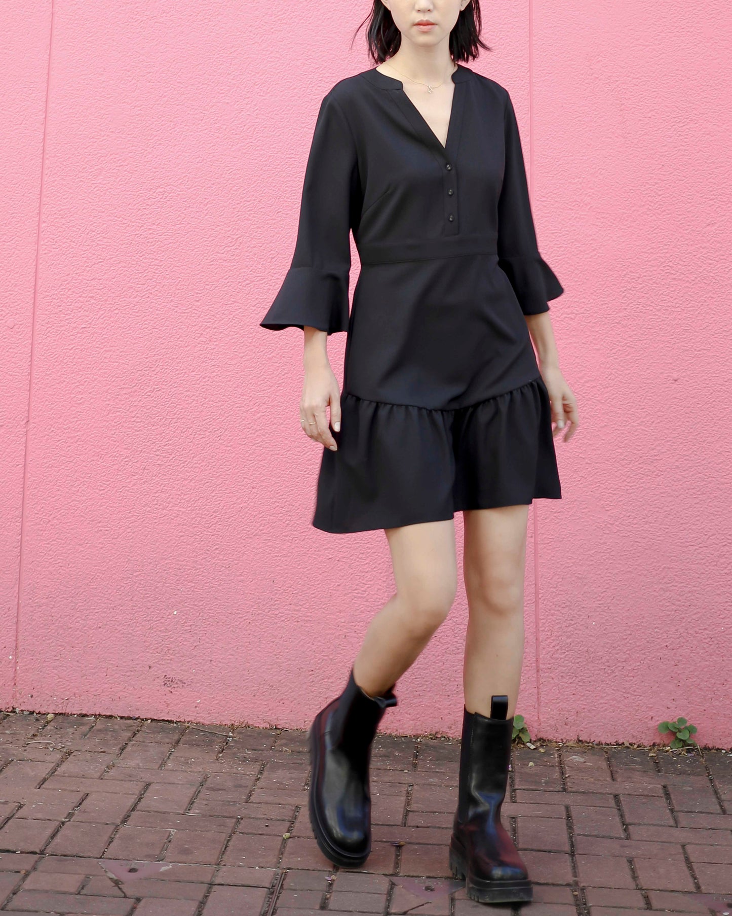 Black V-Neck Flounce Sleeve Dress