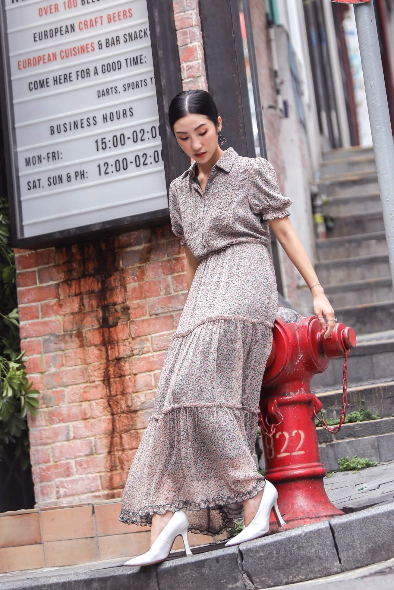 Tucked Pleat Floral Long Dress