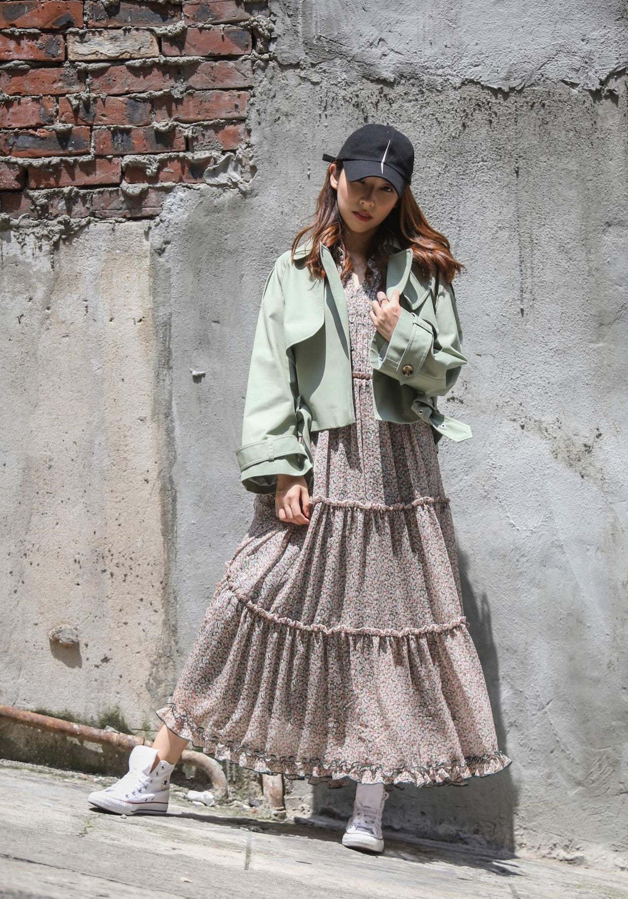 Tucked Pleat Floral Long Dress